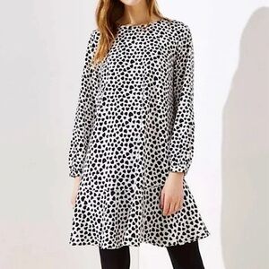 NWT Loft‎ Heart Pattern Long Sleeve Flounce Dress Black White Medium Petite